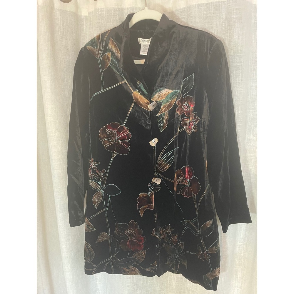 Coldwater‎ Creek Black Velvet Floral Long Jacket Blazer Women's PM EUC